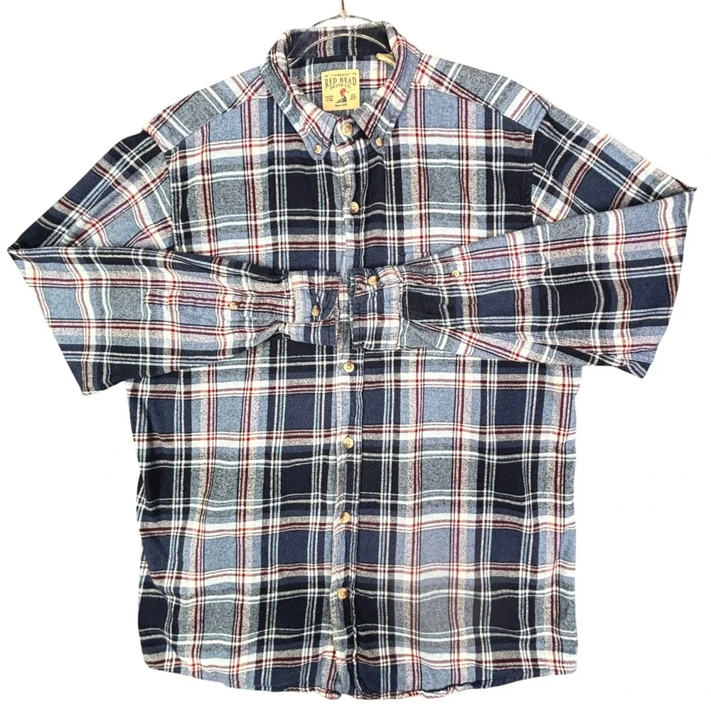 Red Head Brand Co Mens Blue Plaid Flannel Button Down Shirt Large L Long Sleeve‎